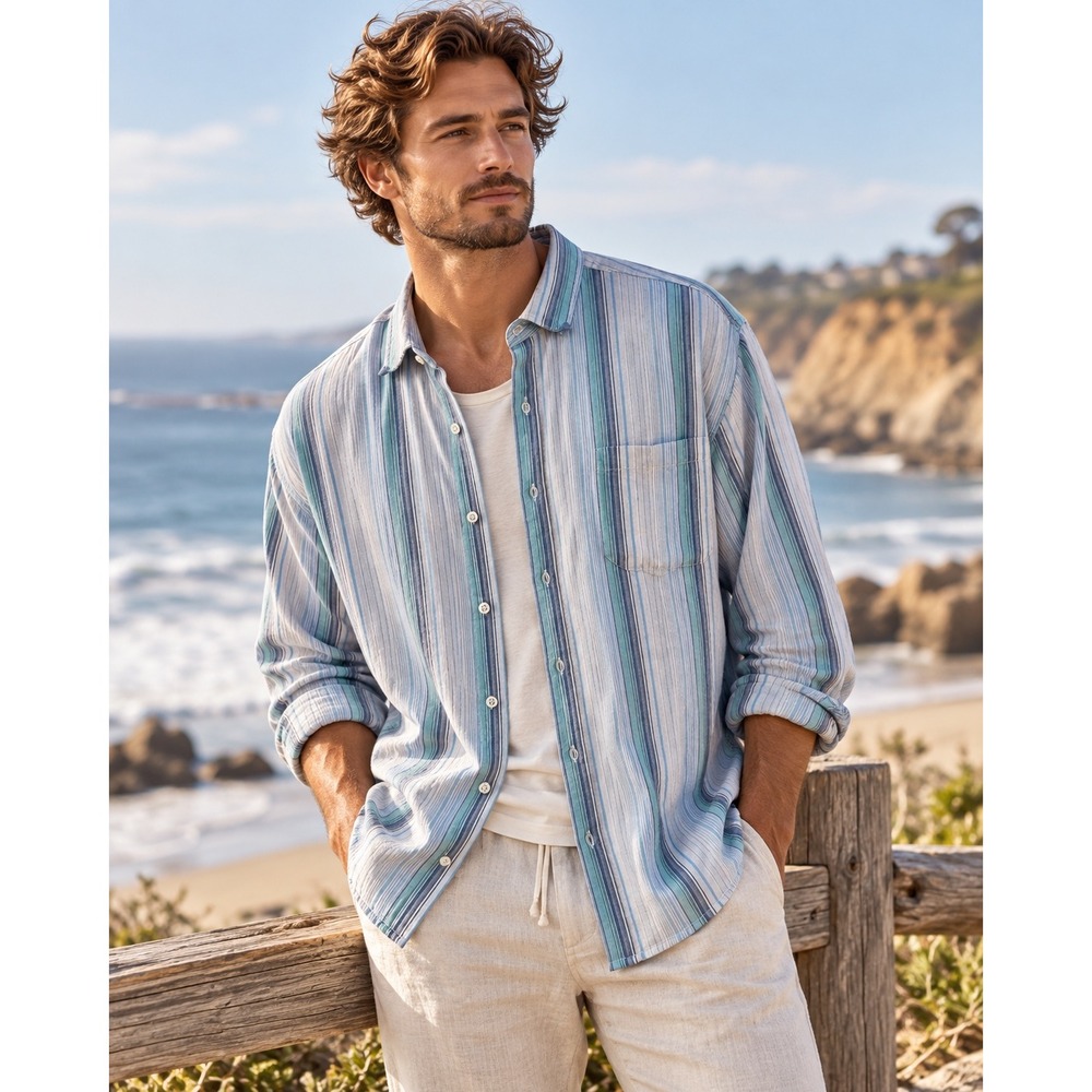 Tommy Bahama Men Blue Green Striped Linen Blend Long Sleeve Shirt XL Beachy
